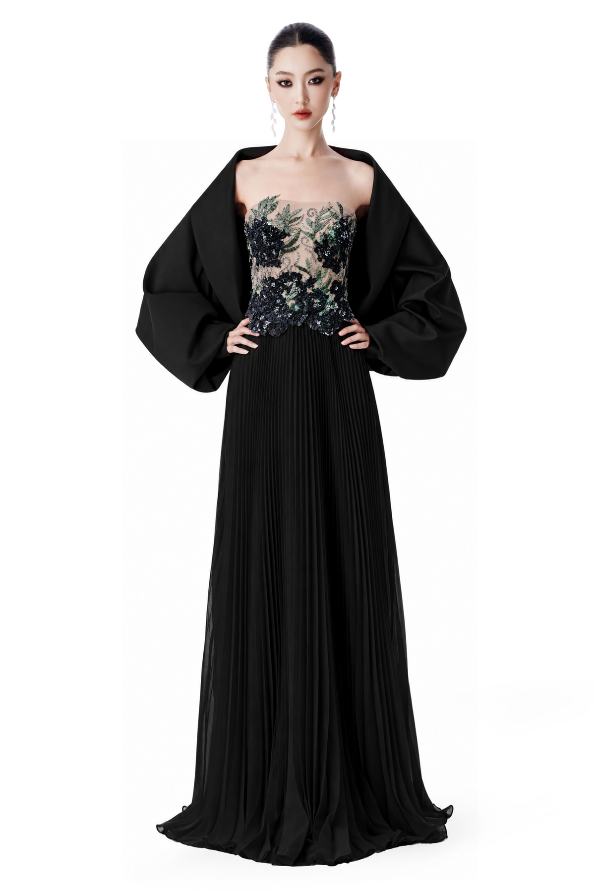 Black Embellished Pleated Gown with Wrap