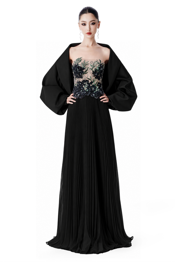 Black Embellished Pleated Gown with Wrap