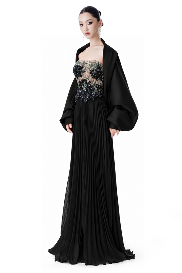 Black Embellished Pleated Gown with Wrap