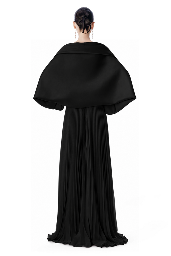 Black Embellished Pleated Gown with Wrap