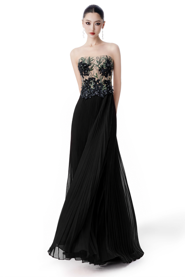Black Embellished Pleated Gown with Wrap