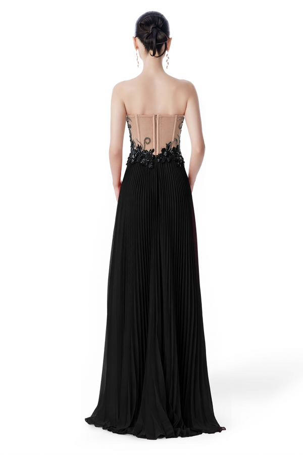 Black Embellished Pleated Gown with Wrap
