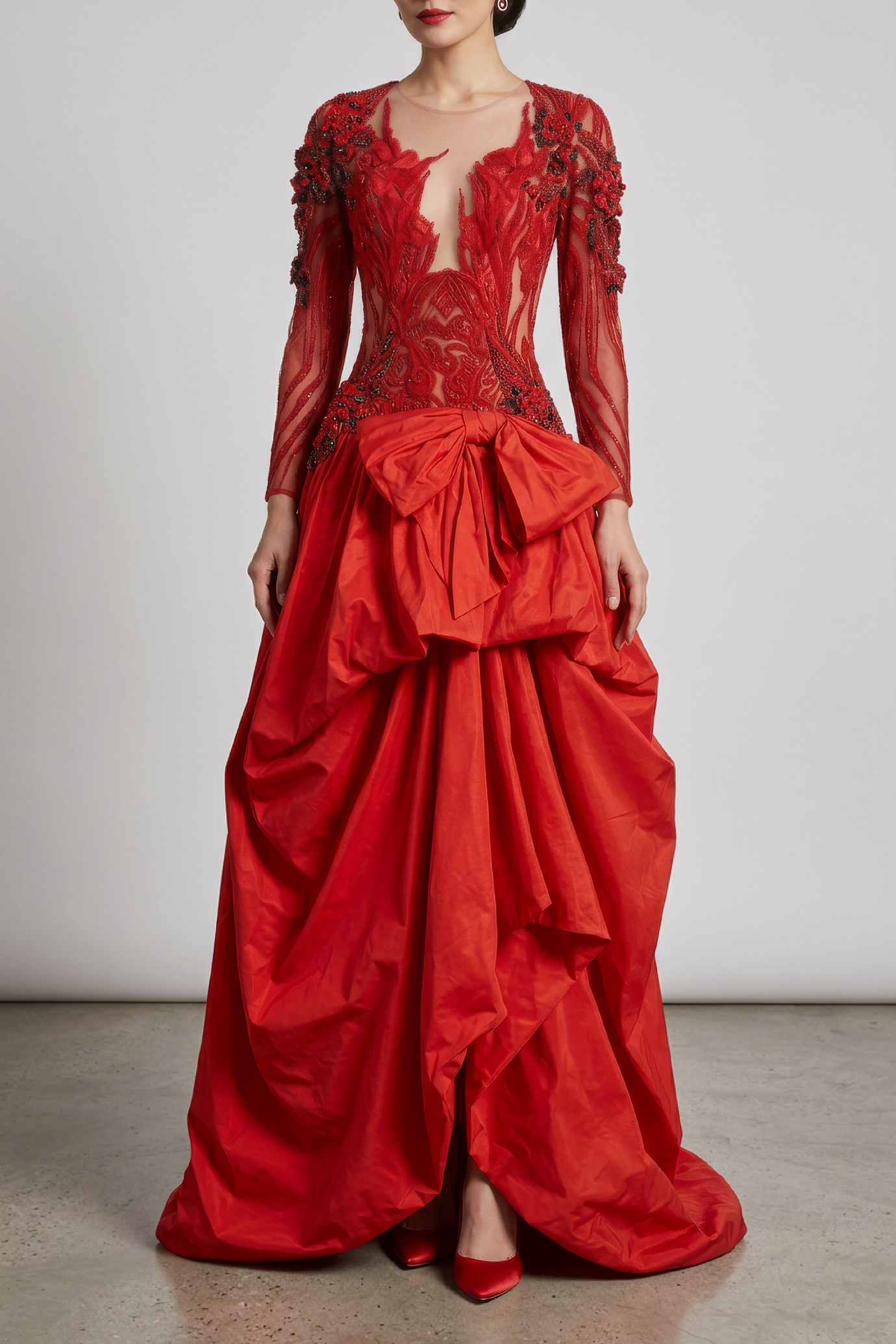 Embellished Silk Gown with Dramatic Draped Skirt