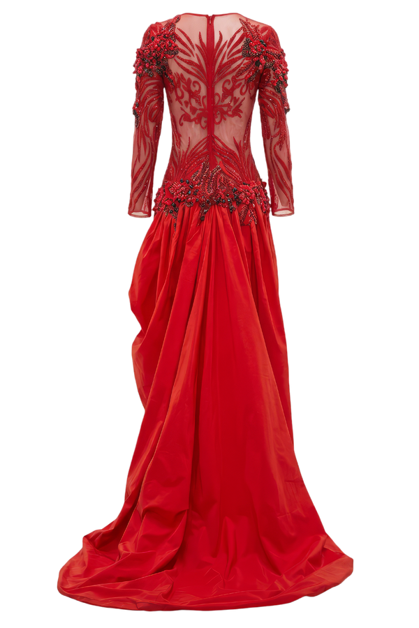 Embellished Silk Gown with Dramatic Draped Skirt