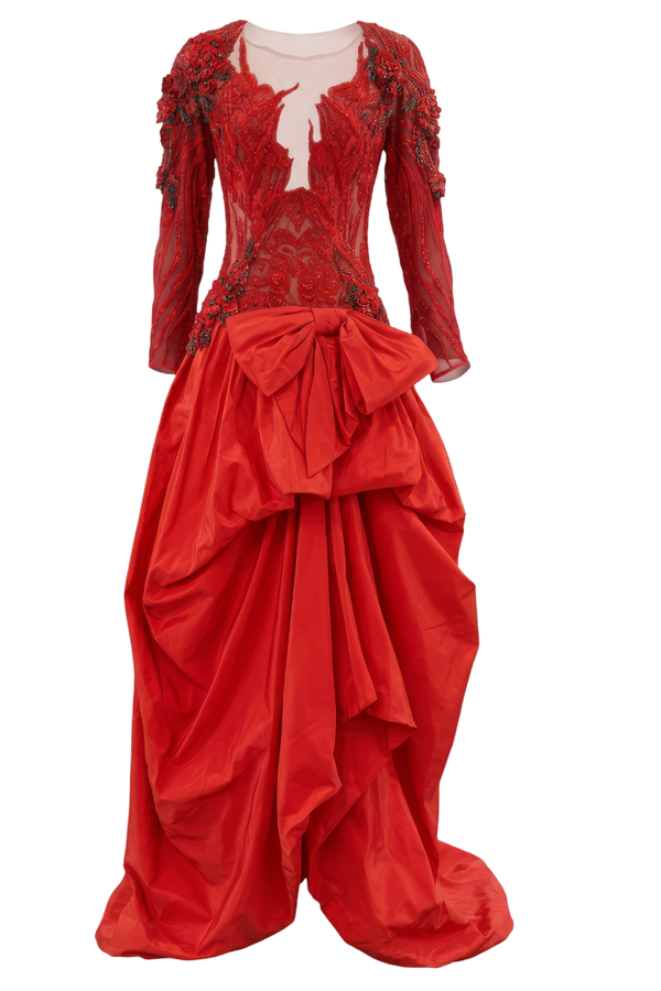 Embellished Silk Gown with Dramatic Draped Skirt