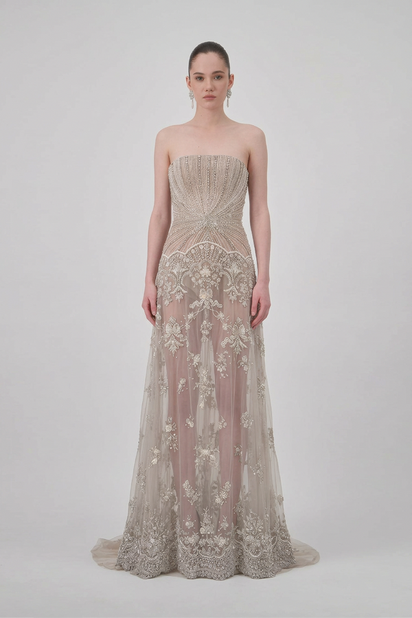 Strapless Crystal-Embellished Gown
