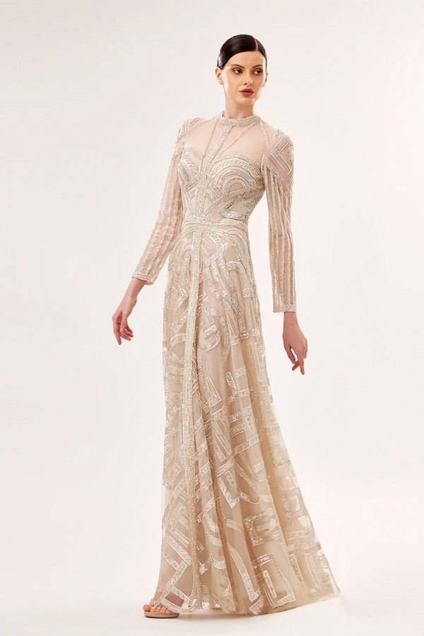 Geometric Embroidered Tulle Gown