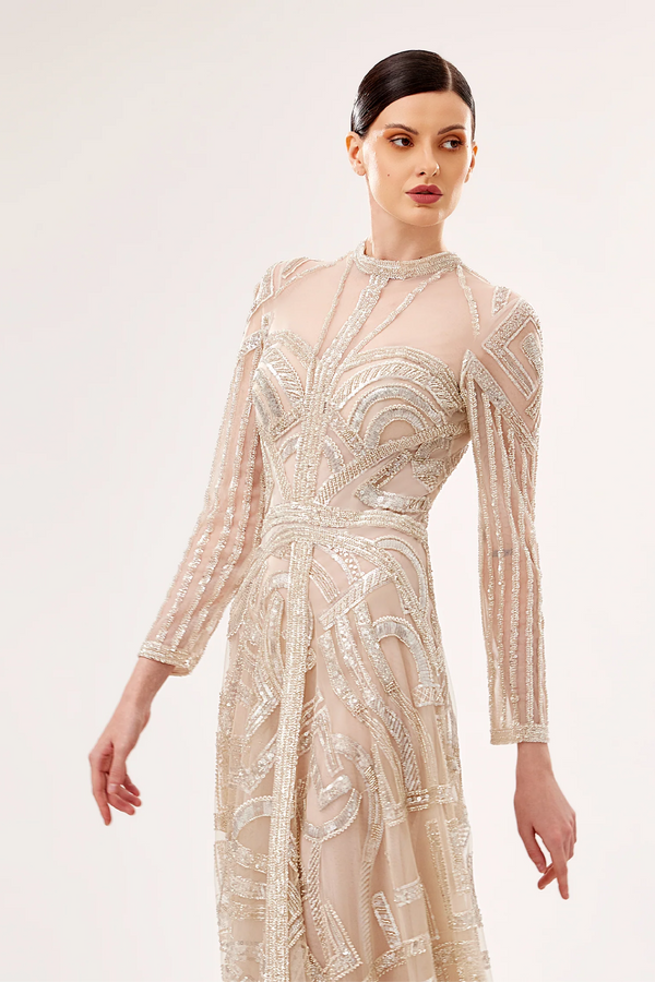 Geometric Embroidered Tulle Gown