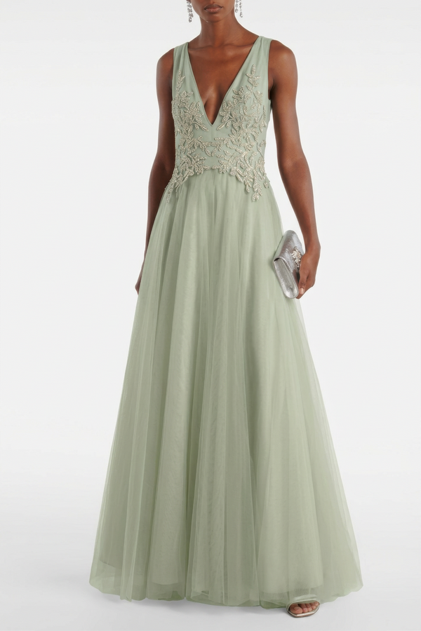Graciella Embellished V-Neck Tulle Gown