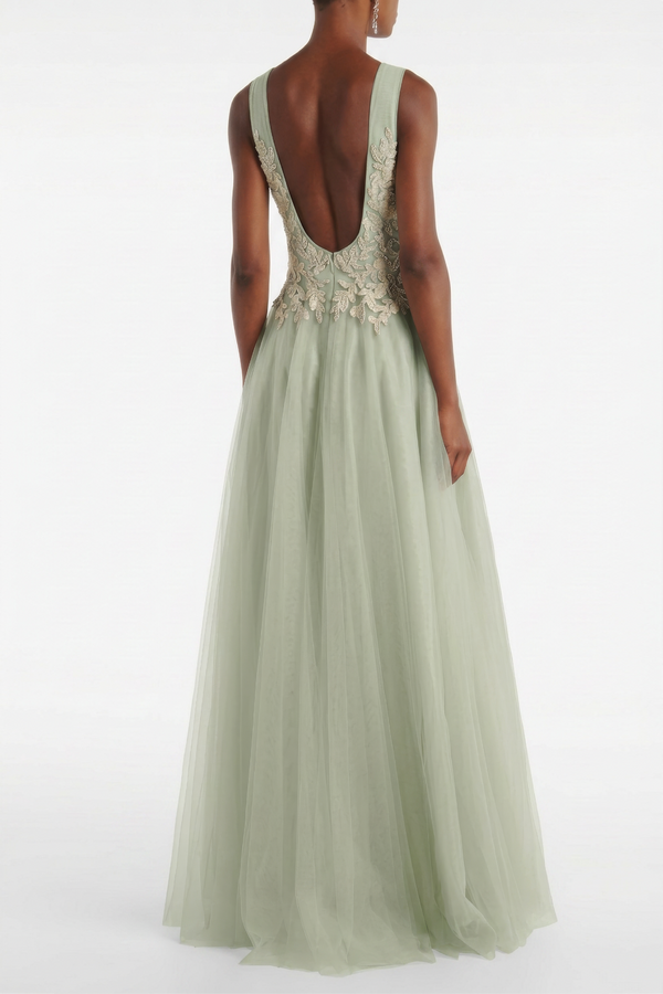 Graciella Embellished V-Neck Tulle Gown
