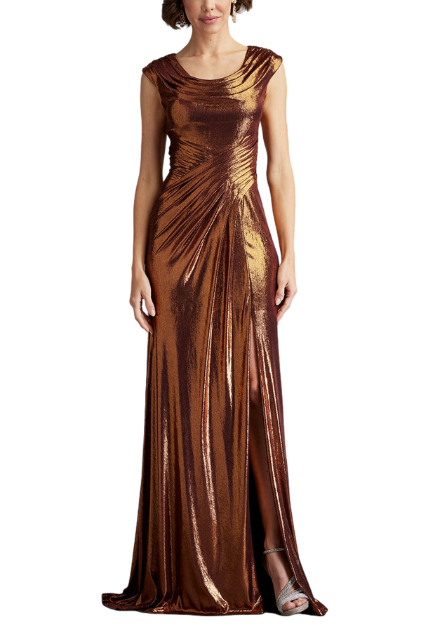 Houghton Metallic Crisscross Draped Gown