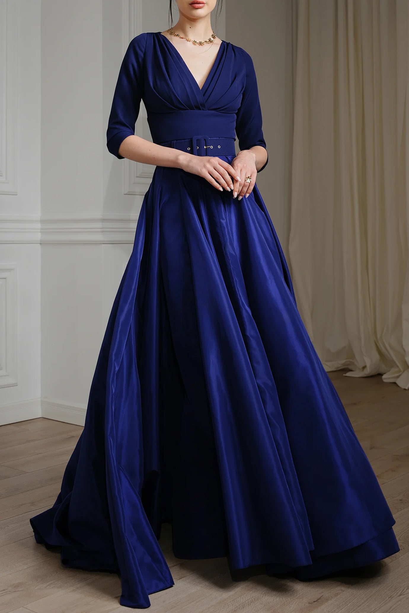 Jamie Taffeta and Crepe Long Dress