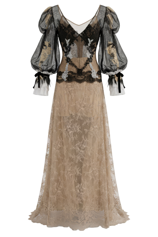 Embroidered Lace and Tulle Puff-Sleeve Gown