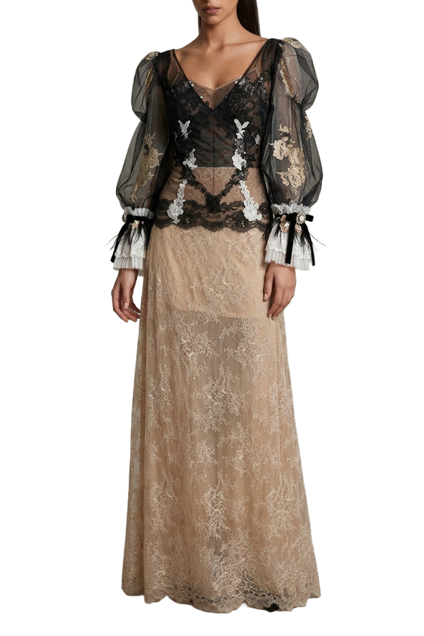 Embroidered Lace and Tulle Puff-Sleeve Gown