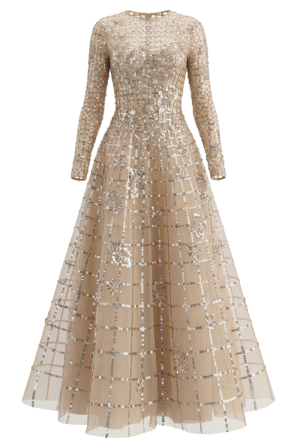 Long Sleeve Gown with Metallic Beading