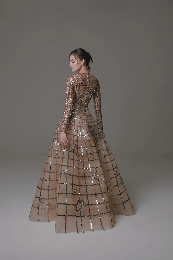Long Sleeve Gown with Metallic Beading