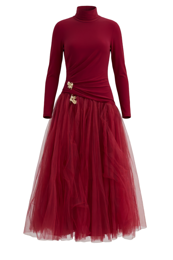 Long Sleeve Dropped Waist Gown with Floral Embellishment in Rhubarb