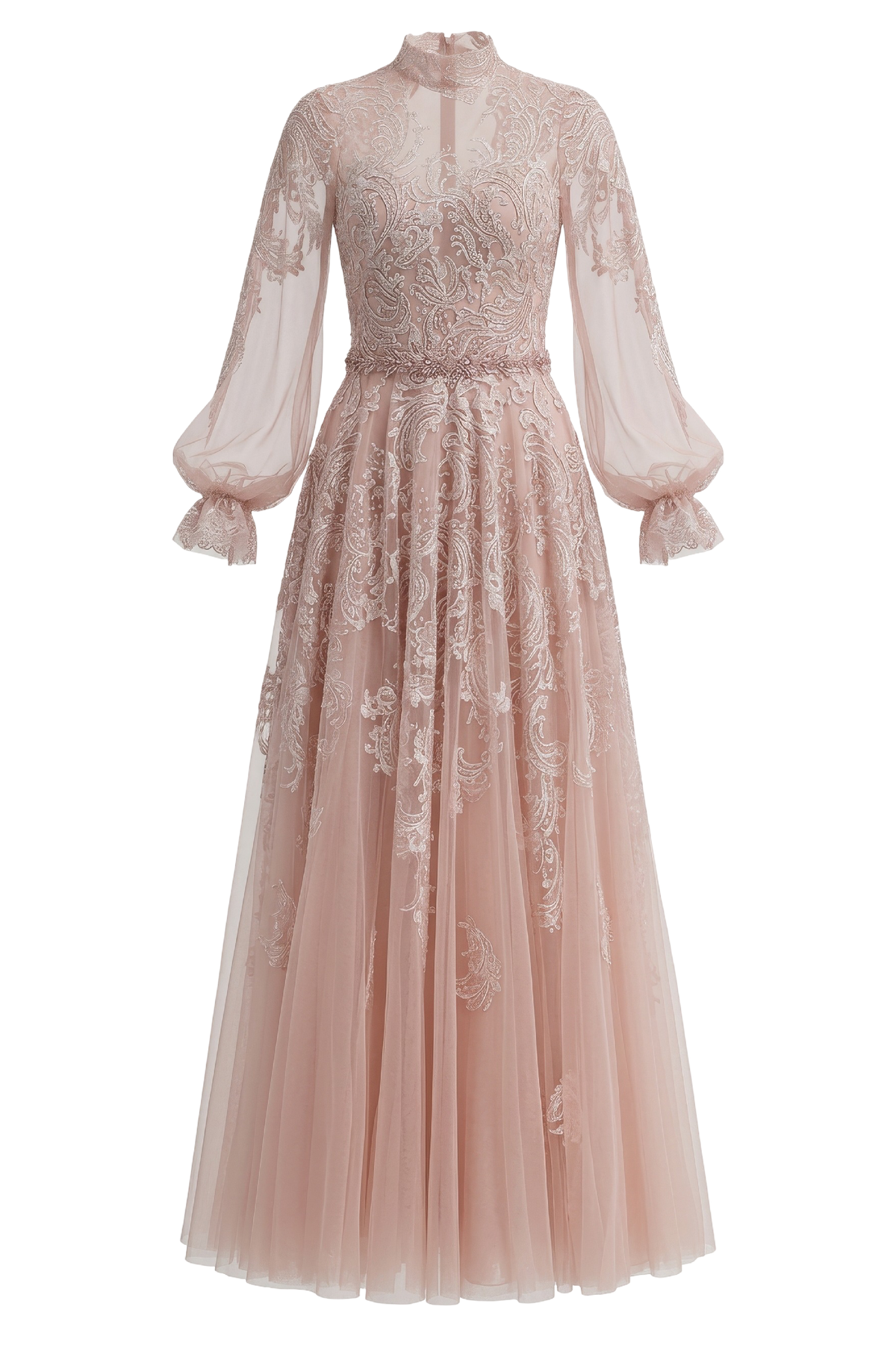 Tulle High-Neck Embroidered Gown
