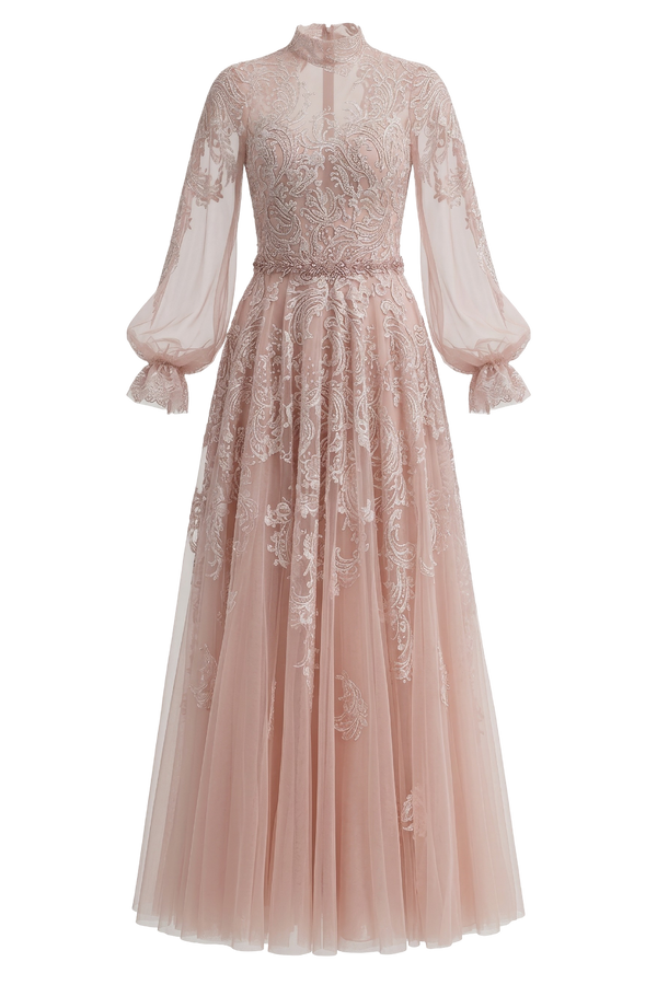 Tulle High-Neck Embroidered Gown