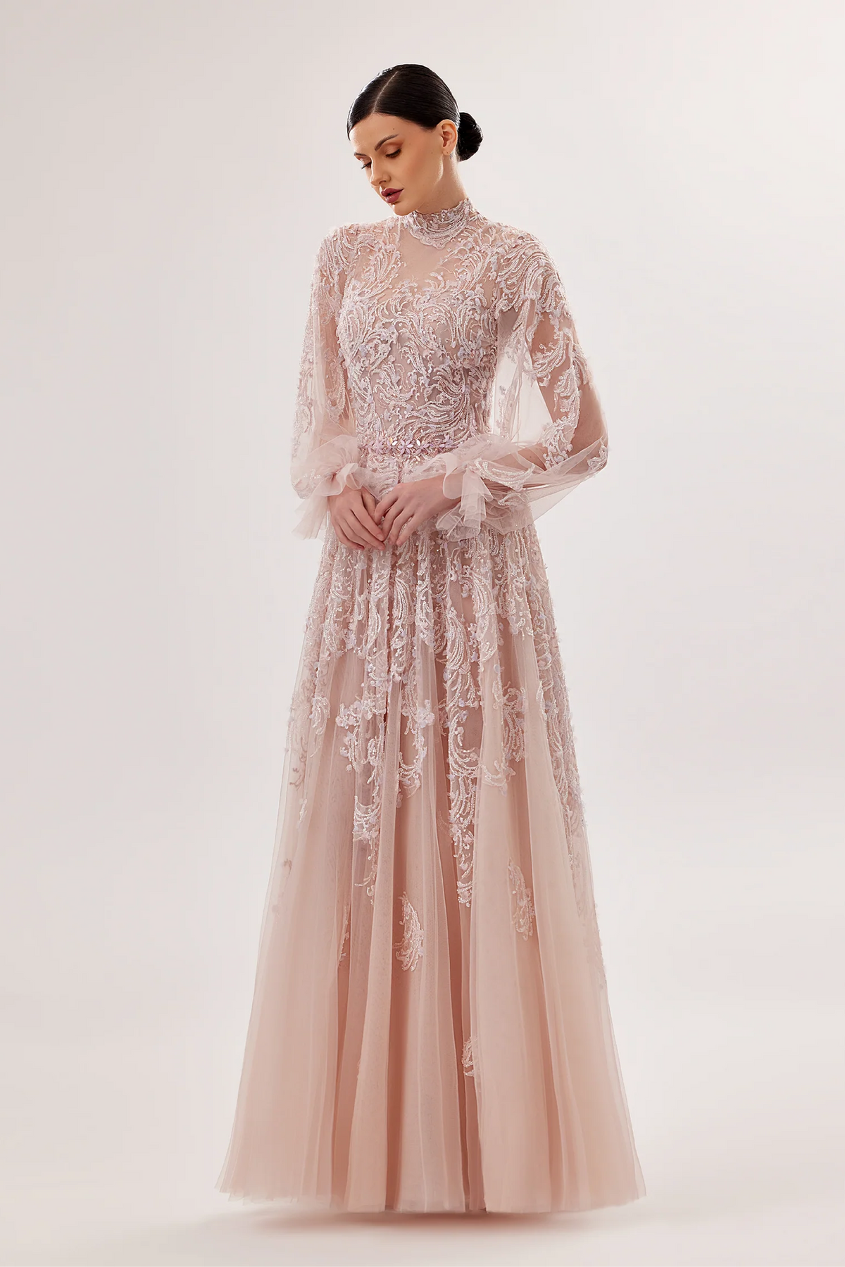 Tulle High-Neck Embroidered Gown