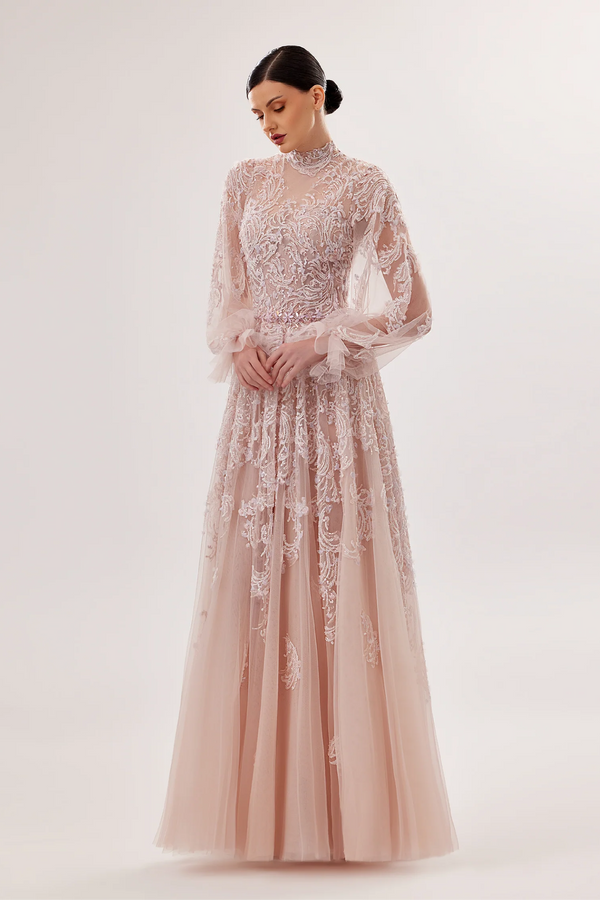 Tulle High-Neck Embroidered Gown