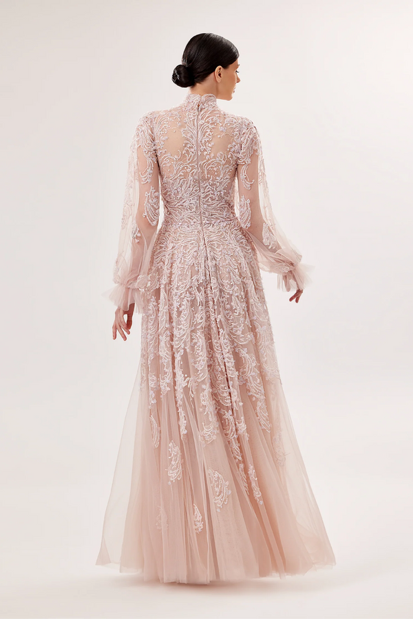 Tulle High-Neck Embroidered Gown