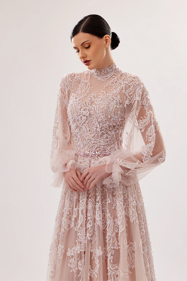 Tulle High-Neck Embroidered Gown