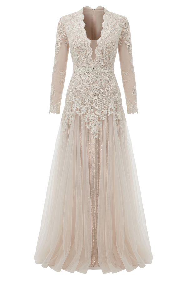 Deep V-Neck Lace & Tulle Gown