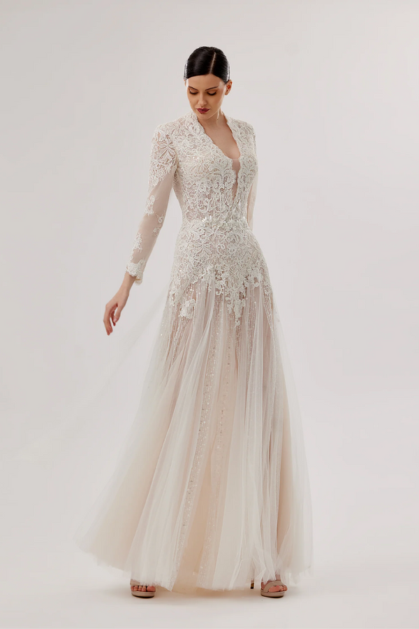 Deep V-Neck Lace & Tulle Gown