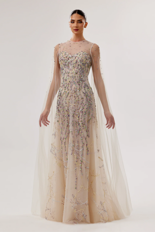 Embellished Tulle Sweetheart Gown with Flowing Sleeves