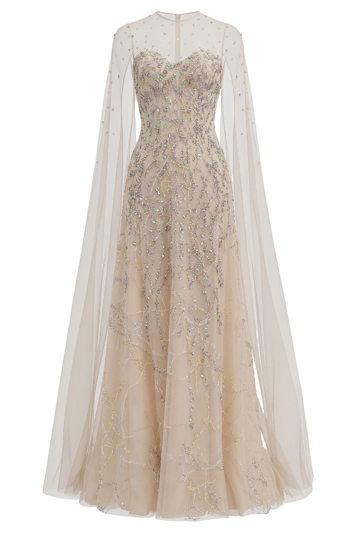 Embellished Tulle Sweetheart Gown with Flowing Sleeves
