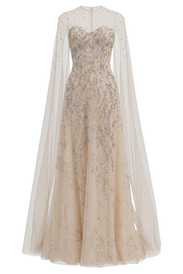 Embellished Tulle Sweetheart Gown with Flowing Sleeves