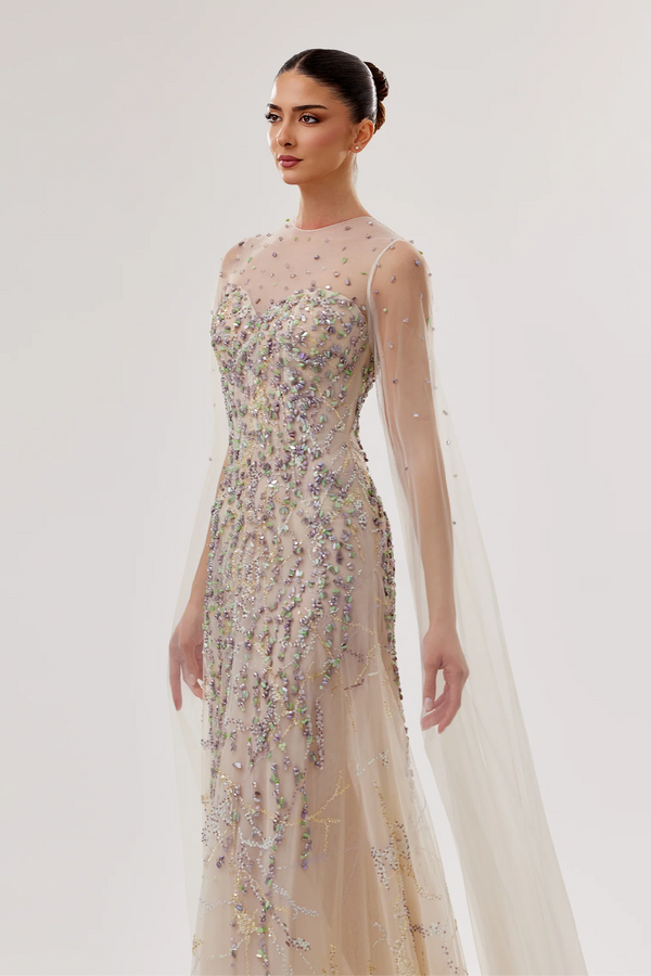 Embellished Tulle Sweetheart Gown with Flowing Sleeves