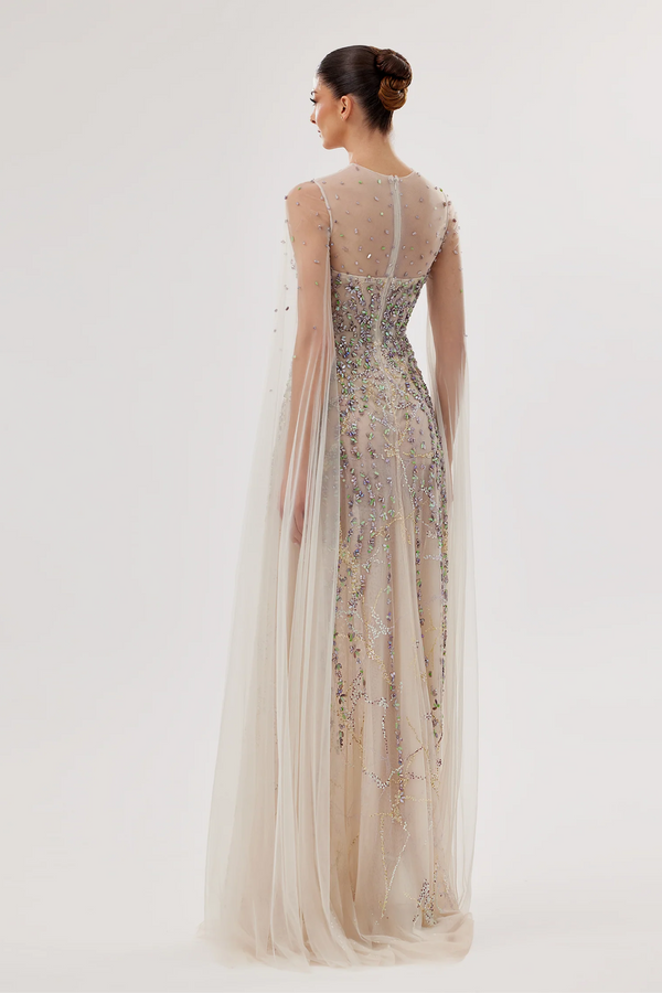 Embellished Tulle Sweetheart Gown with Flowing Sleeves