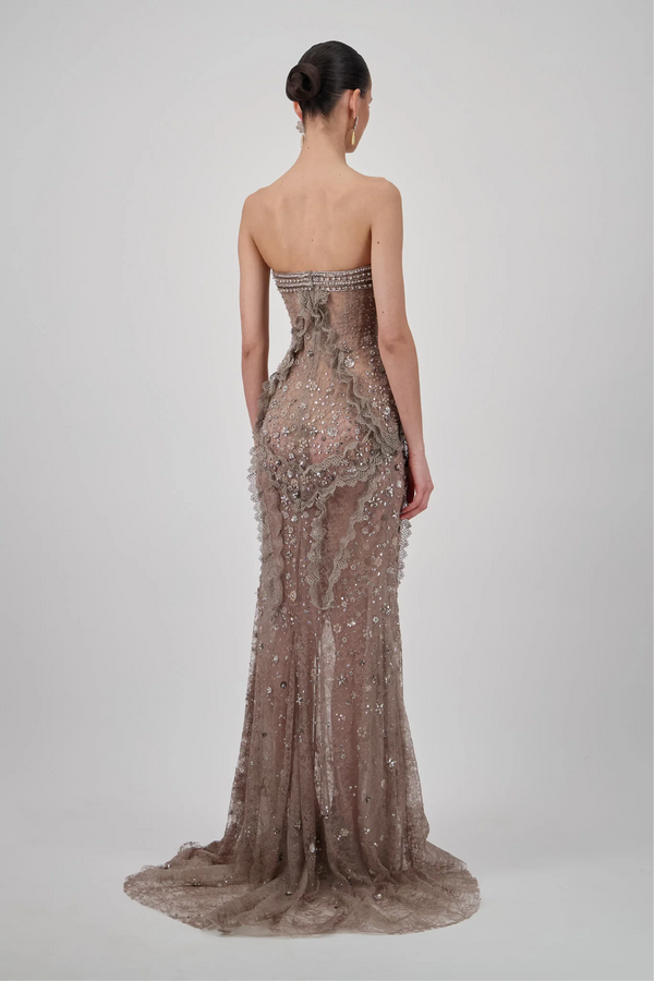 Strapless Lace Crystal Long Dress