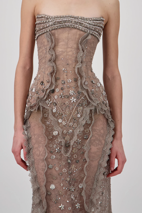 Strapless Lace Crystal Long Dress