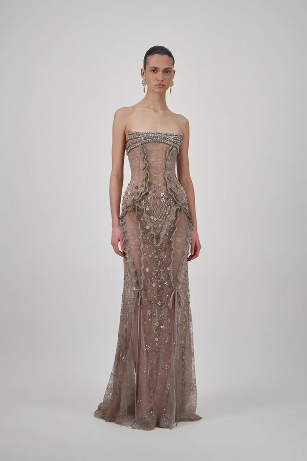 Strapless Lace Crystal Long Dress