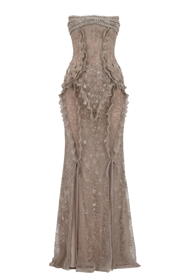 Strapless Lace Crystal Long Dress