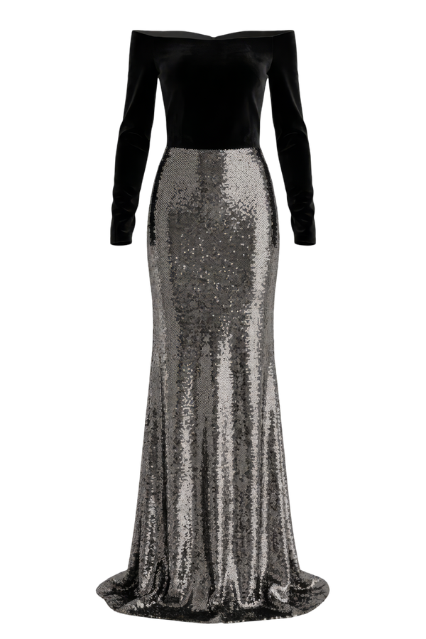 Off Shoulder Velvet & Sequin Gown