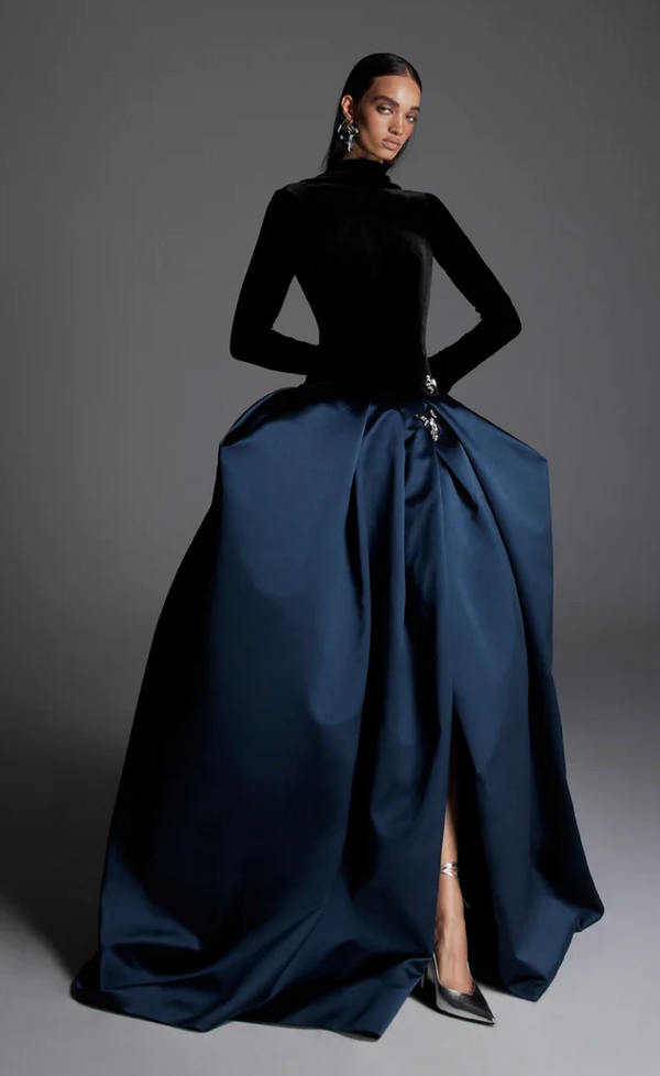Velvet Duchesse Satin Drop Waist Gown with Open Cowl Back