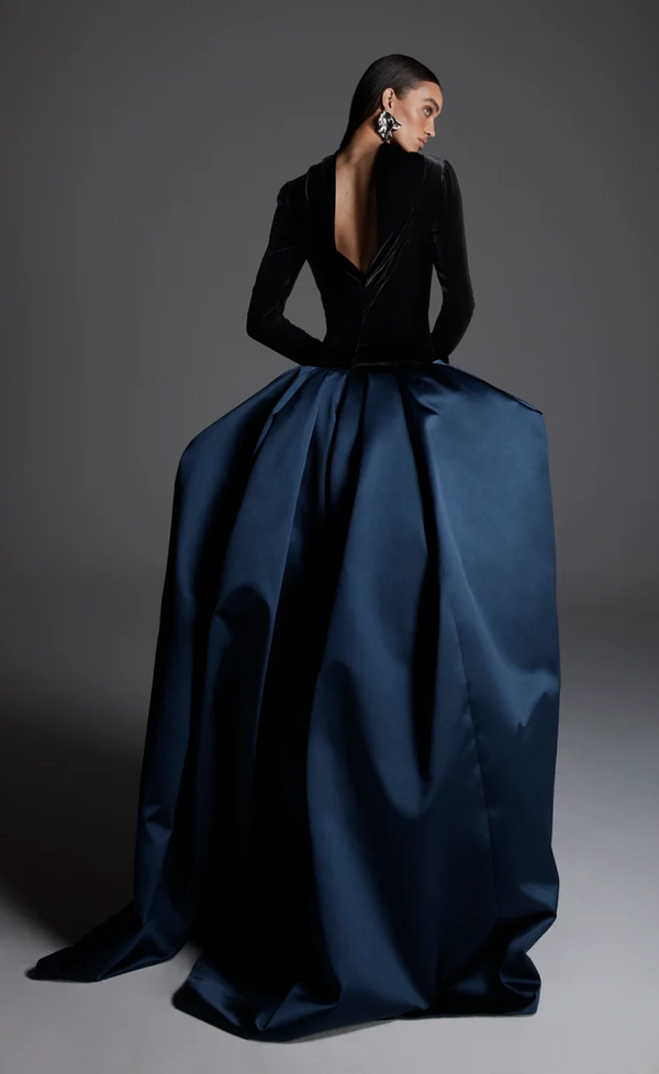Velvet Duchesse Satin Drop Waist Gown with Open Cowl Back