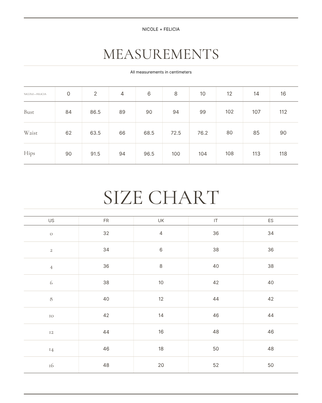 NICOLE + FELICIA size chart