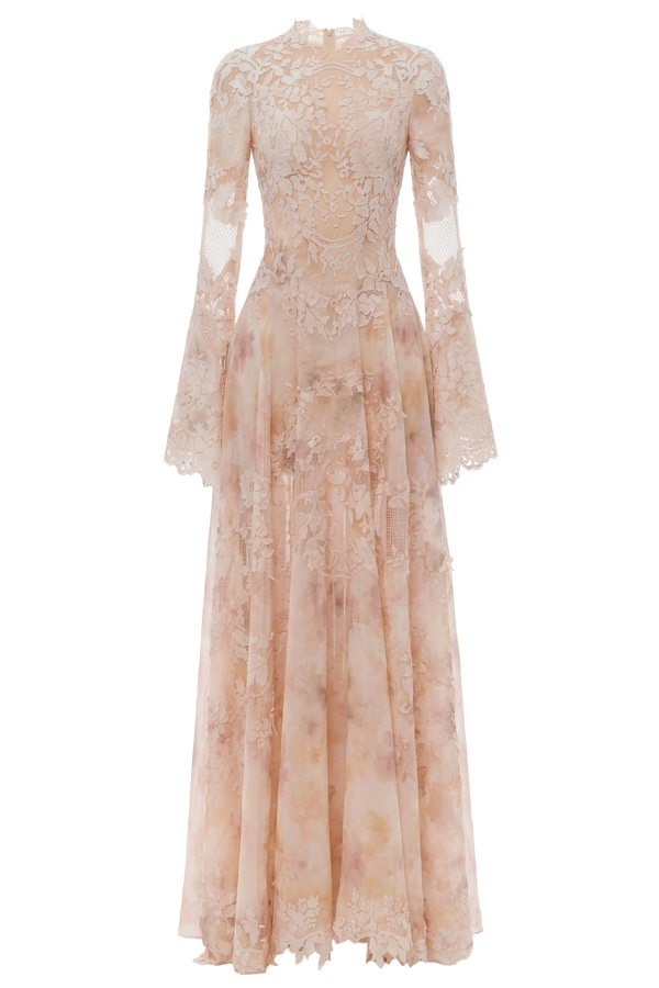 Peach Lace Applique Maxi Dress