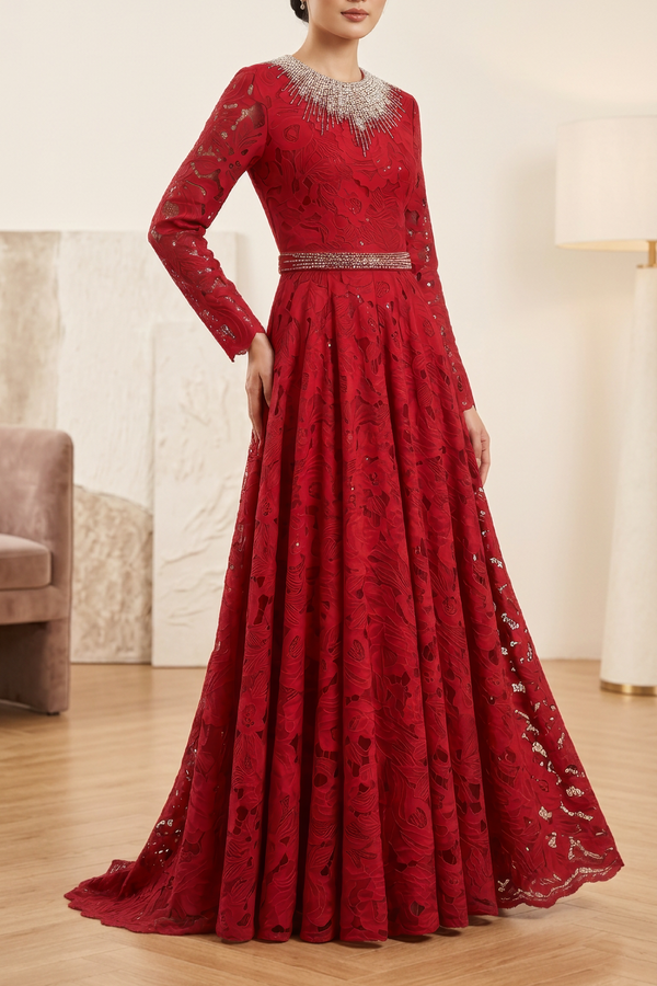 Guipure Gown with Embellished Neckline