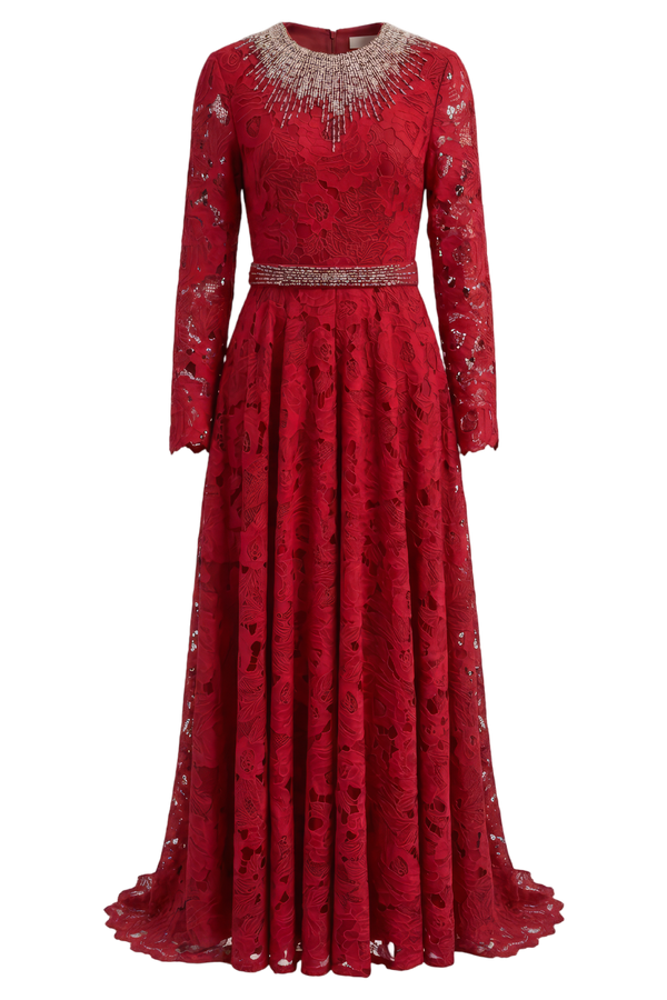 Guipure Gown with Embellished Neckline