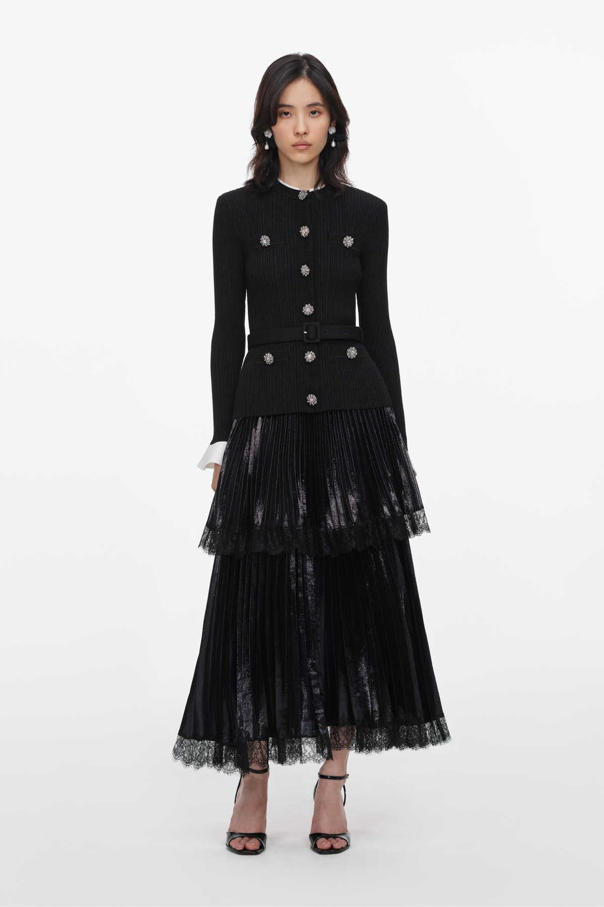 Black Knit Metallic Chiffon Midi Dress