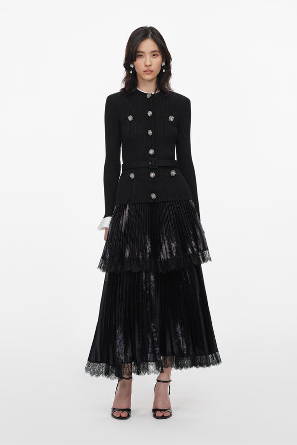 Black Knit Metallic Chiffon Midi Dress