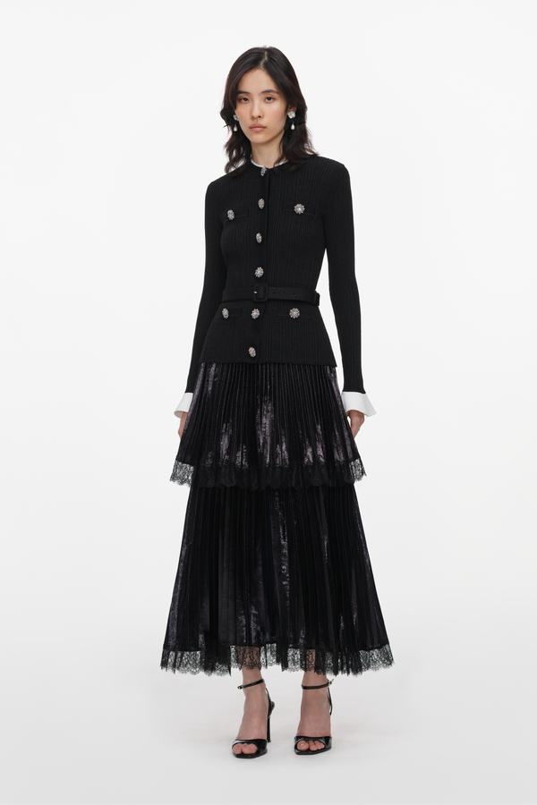Black Knit Metallic Chiffon Midi Dress