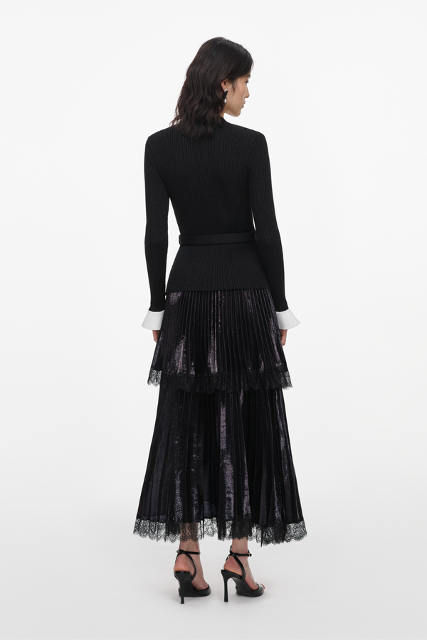 Black Knit Metallic Chiffon Midi Dress