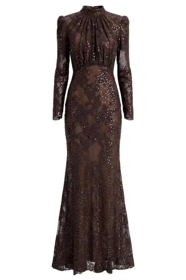 Brown Sequin Lace Maxi Dress
